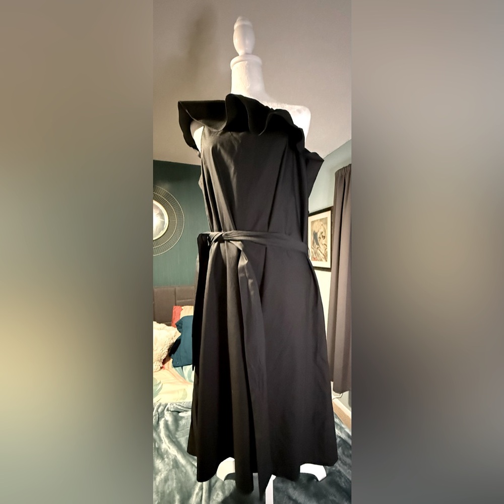 NWT Banana Republic one shoulder black belted knee length dress, large